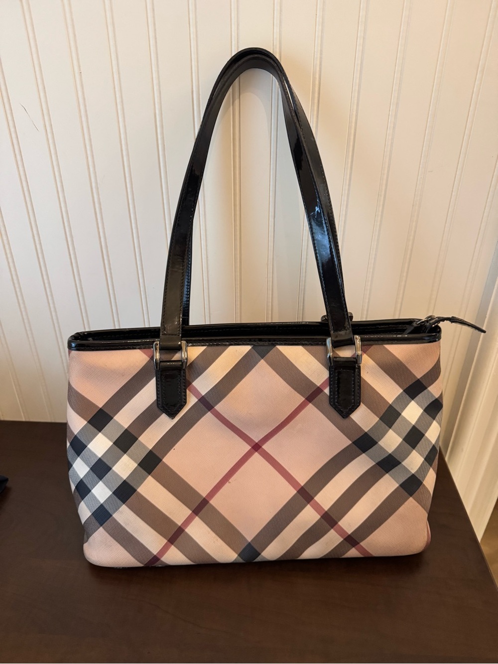 Burberry Beige Plaid Shoulder Bag with Black Patent Trim